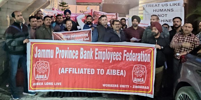 Bank employees protesting in support of their demands at Jammu on Wednesday.