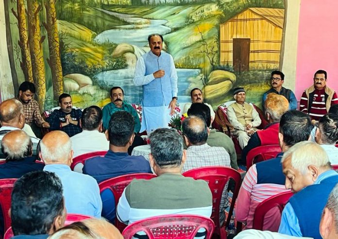 BJP Pradesh vice president Surjeet Singh Slathia speaking during “Booth Jan Maha Samvad” programme in Mandi Thlora, Samba.