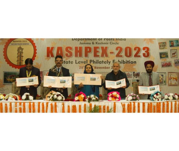 Dignitaries releasing special cover on the Thiksey Monastery Leh during KASHPEX 2023 at Srinagar.