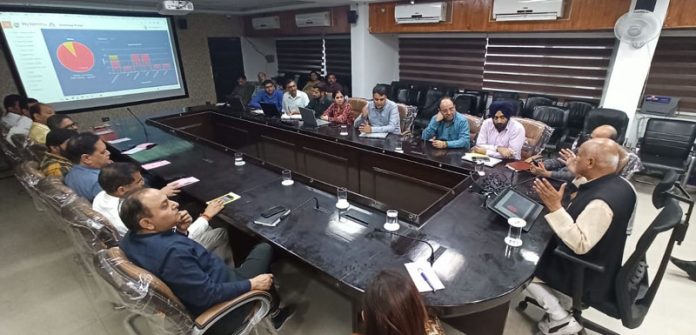 Mayor Jammu, Rajinder Sharma chairing a meeting at Jammu on Friday.