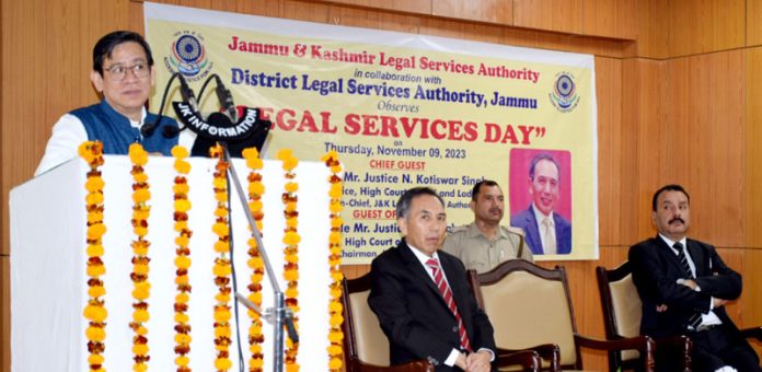 Chief Justice, High Court of J&K and Ladakh, Justice N Kotiswar Singh addressing advocates and panel lawyers during a programme at High Court Complex, Jammu.