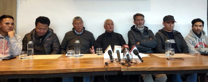 The leaders of Leh Apex Body addressing a press conference on Thursday.