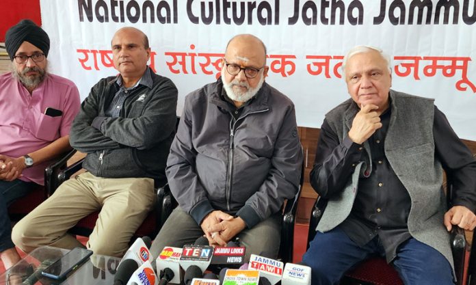 Prominent local artists and literary personalities addressing a press conference at Jammu on Tuesday. -Excelsior/Rakesh
