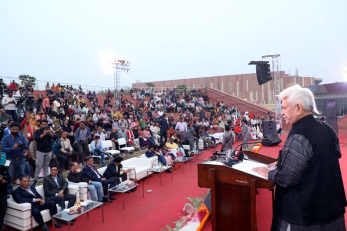 LG Manoj Sinha addressing a function of JK UT Day celebrations in New Delhi on Saturday.