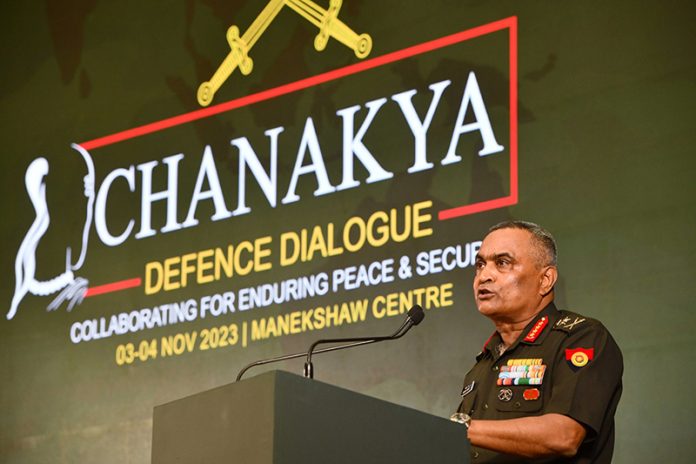 Chief of Army Staff, Gen Manoj Pande speaking at Chanakya Defence dialogue organised by Indian Army in New Delhi on Friday. (UNI)