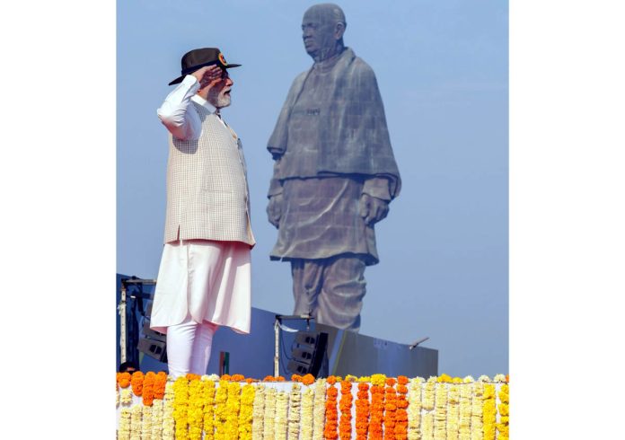 Prime Minister Narendra Modi at ‘Rashtriya Ekta Diwas’ parade, in Kevadia, Gujarat on Tuesday. (UNI)