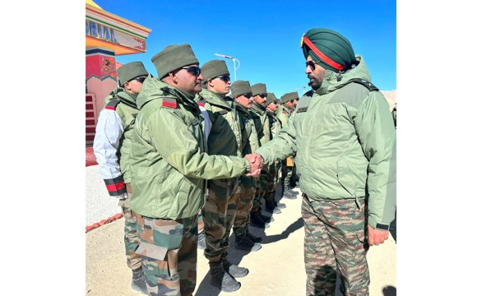 Chief of Staff Leh Corps Major General MS Mokha interacting with troops after paying tribute to Rezang La martyrs on Saturday.