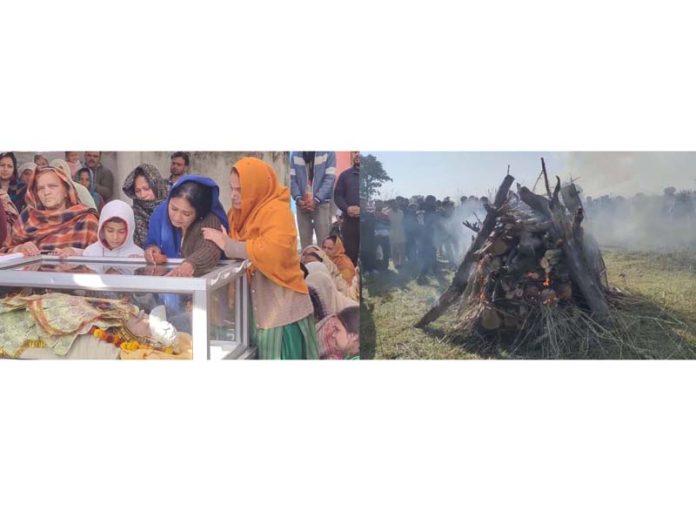 Family members of the martyred ITBP jawan wailing (left) while his mortal remains being consigned to flames (right) at his native village Abatal Katalan in Samba district on Sunday.