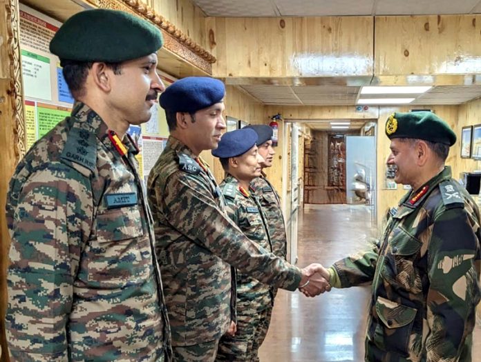 Northern Army Commander Lieutenant General Upendra Dwivedi interacting with officers during visit to forward areas of Ladakh sector on Thursday.
