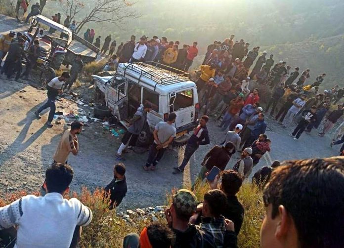 An ill-fated vehicle which met with an accident at Karnah in Kupwara district on Tuesday.