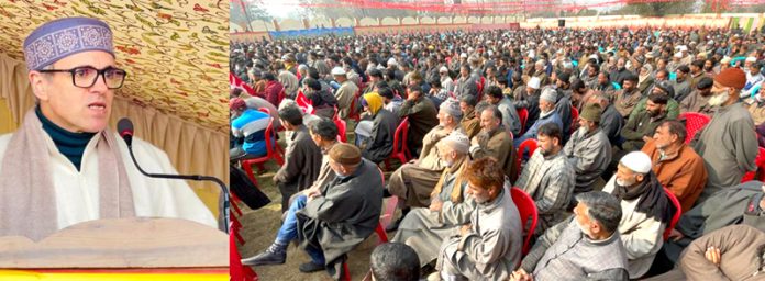 NC vice president Omar Abdullah addressing party workers at Sumbal on Saturday.