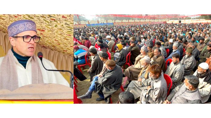 NC vice president Omar Abdullah addressing party workers at Sumbal on Saturday.