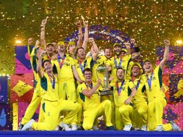 Australian team celebrates victory in cricket World Cup final at Ahmedabad on Sunday.
