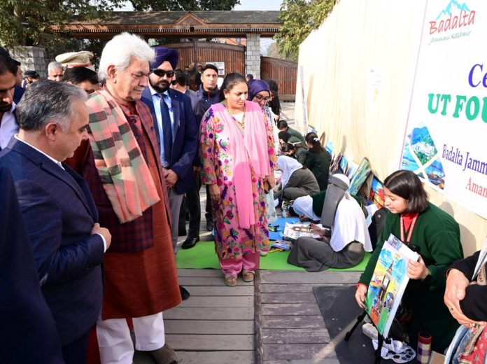 LG Manoj Sinha witnessing an exhibition in Srinagar on Tuesday.