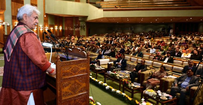 LG Manoj Sinha addressing UT Foundation Day celebrations in Srinagar on Tuesday.