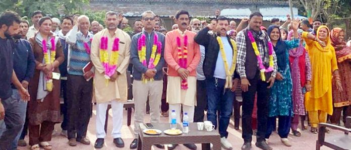 Arun Sharma with other BJP leaders & workers during Booth Jan Samvaad on Saturday.