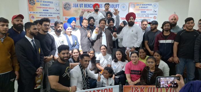 Powerlifters posing with chief guest Raman Bhalla on Monday.