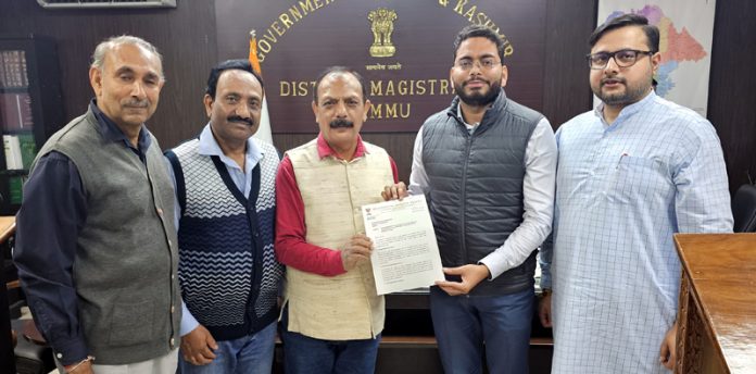 BJP KDD delegation handing over a memorandum to DC Jammu, Sachin Kumar Vaishya on Saturday.