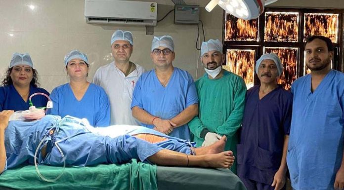 Doctors and staff after performing total knee replacement at Govt Hospital Sarwal on Friday.