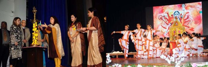 Indu Kanwal Chib, Mission Director JKRLM along with Management of DBN Educational Trust lighting lamp (L) and children performing during School's Annual Day function (R).