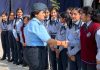 Wing Commander Pushpa Thakur interacting with students during a programme in Samba on Wednesday.