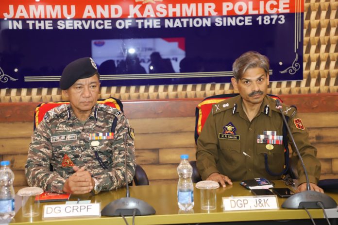 DGP JKP, RR Swain and DGP CRPF, Dr Sujoy Lal Thaosen during a joint security review meeting in Kashmir on Saturday.