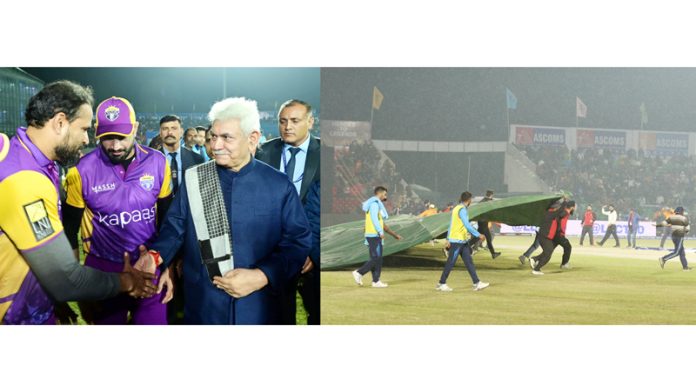 LG Manoj Sinha interacting with Yousuf Pathan during LLC (L) and groundsmen carrying covers after a rain at MA Stadium Jammu on Wednesday.