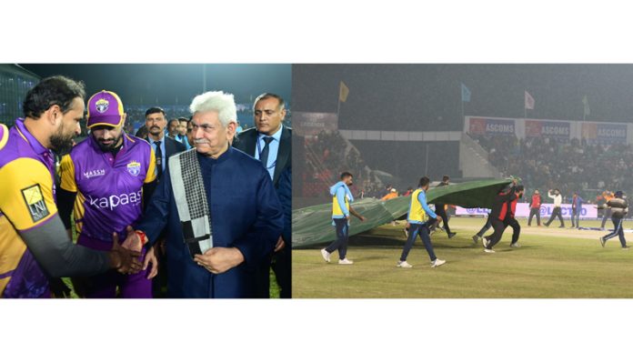 LG Manoj Sinha interacting with Yousuf Pathan during LLC (L) and groundsmen carrying covers after a rain at MA Stadium Jammu on Wednesday.