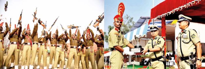 New recruits of BSF during passing out parade at Subsidiary Training Centre, Humhama (left) and Special DG BSF awarding a recruit at STC BSF in Udhampur (right) on Thursday.