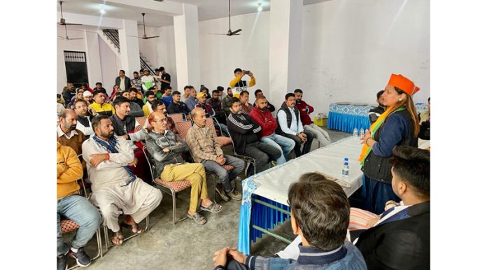 BJP District President Jammu South Rekha Mahajan during a public outreach programme in RS Pura on Wednesday.