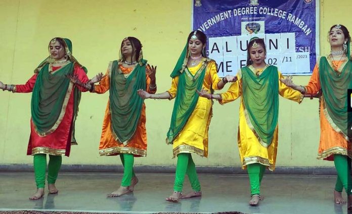 Students of GDC Ramban present a cultural programme during alumni meet on Thursday.