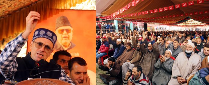 NC leader Omar Abdullah addressing party convention in Tangmarg on Tuesday. —Excelsior/Aabid Nabi