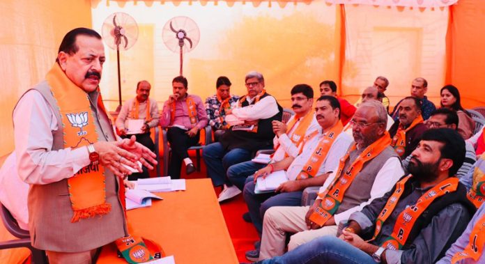 Union Minister Dr. Jitendra Singh addressing a meeting during the BJP election campaign at Jaipur on Friday.