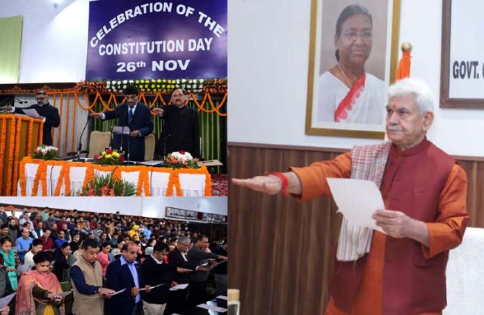 LG Manoj Sinha administers reading of ‘Preamble to the Constitution’ along with officials & staff on Sunday.