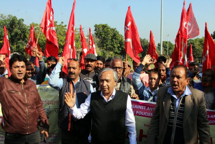 CPI(M) leader M Y Tarigami leading anti-BJP protest in Jammu on Tuesday. —Excelsior/Rakesh
