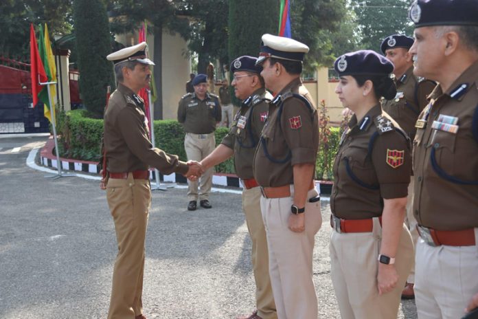 DGP RR Swain interacting with police officers in Jammu on Monday.
