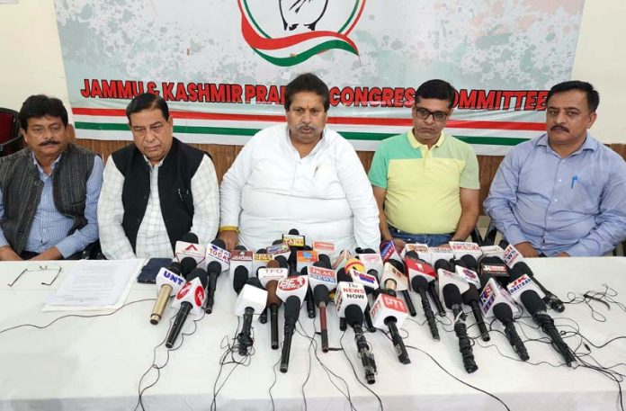 JKPCC working president, Raman Bhalla, flanked by others addressing press conference in Jammu on Thursday. -Excelsior/Rakesh