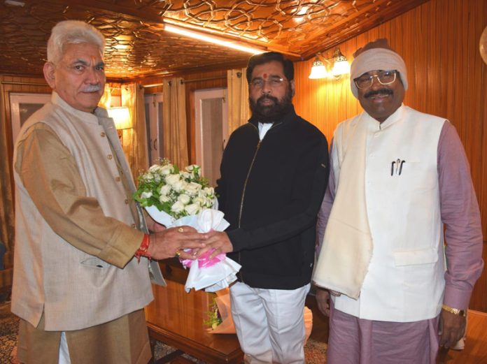 Chief Minister of Maharashtra Eknath Shinde during meeting with Lt Governor Manoj Sinha at Srinagar.
