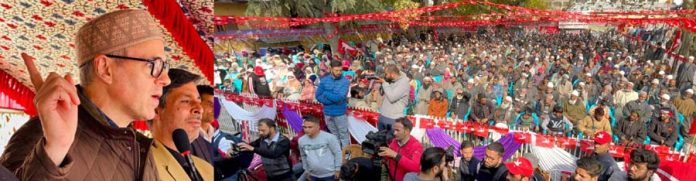 NC leader, Omar Abdullah addressing public rally at Bandipora on Wednesday.