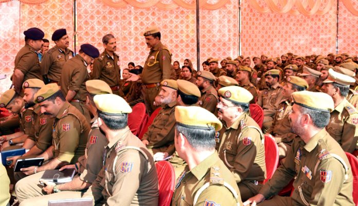DGP RR Swain interacting with jawans during a public darbar in DPL Rajouri on Sunday.