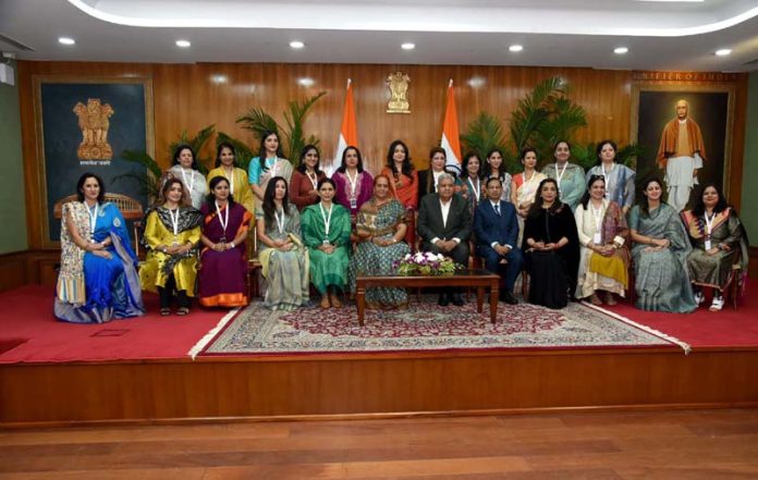 FICCI FLO JKL delegation of women entrepreneurs posing for a group photograph with the Vice-President of India Jagdeep Dhankar at his official residence in New Delhi.