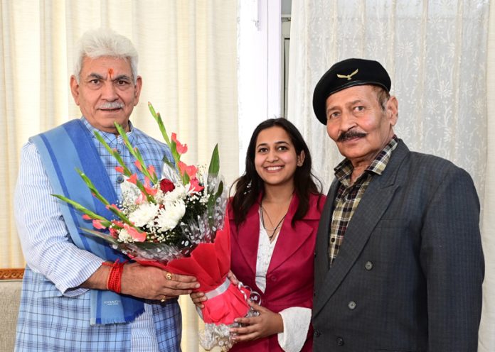 Devinder Singh Kaluria and Riya Kaluria, Chairman and Trustee of General Zorawar Singh Trust meeting with LG Manoj Sinha on Wednesday.