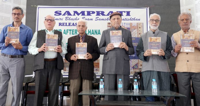 Scholars releasing the book of Dr R L Bhat at Jammu on Saturday. -Excelsior/Rakesh