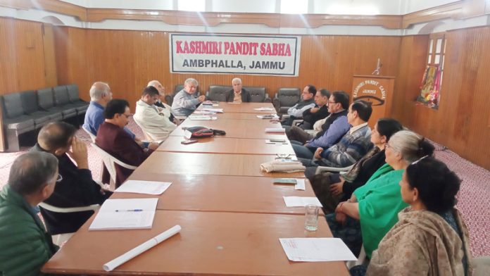 The members of Kashmiri Pandit Sabha during a meeting in Jammu on Saturday.