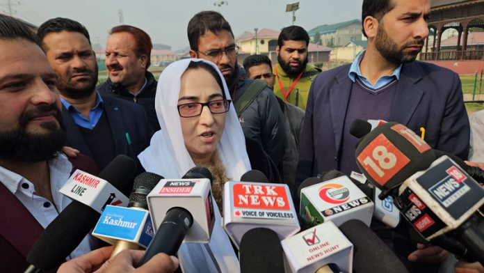 Waqf Chairperson Dr Darakhshan Andrabi talking to media persons during anti-drug programme in Srinagar.