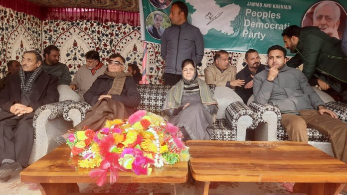 PDP supremo Mehbooba Mufti at a public gathering at Zainapora in Shopian on Wednesday.