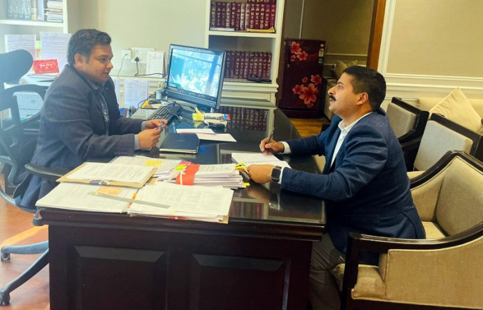 Gaurav Gupta during his meeting with Administrative Secretary of the Revenue Department, Dr Piyush Singla on Thursday.