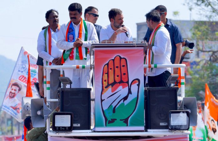 Congress leader Rahul Gandhi addressing an Election rally at Pinapaka, in Bhadradri Kothagudem district of Telangana on Friday.(UNI)