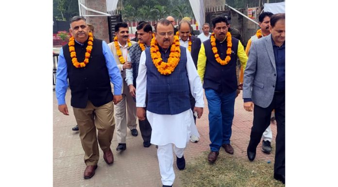 BJP leaders led by former Minister, Chander Parkash Ganga during a party programme at Bari Brahmana on Monday.