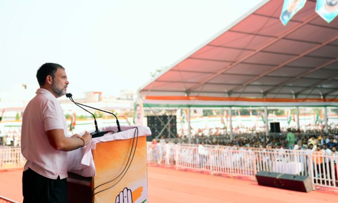 Congress leader Rahul Gandhi addressing a public meeting, in Satna, Madhya Pradesh on Friday. (UNI)